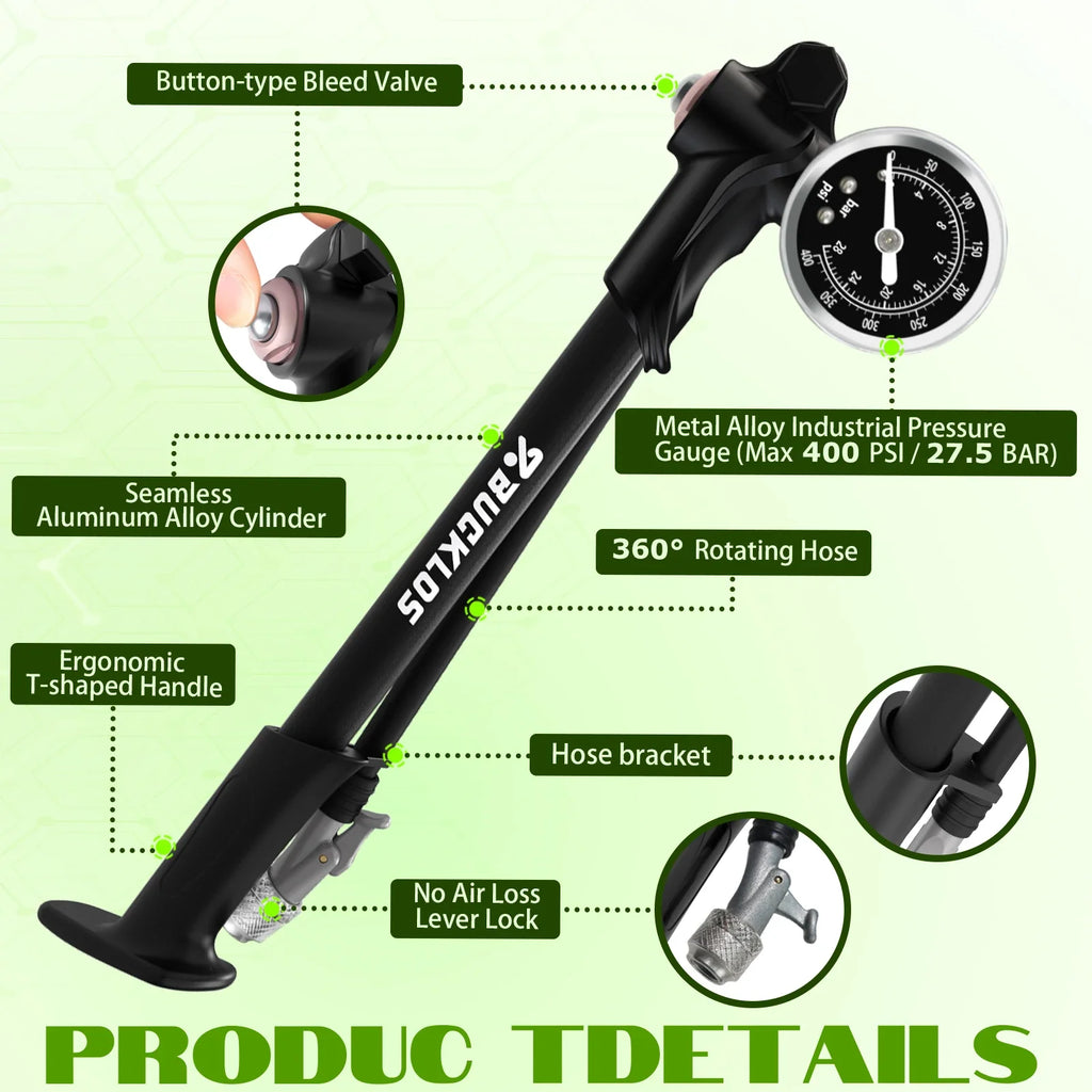 BUCKLOS 400PSI MTB Shock Pump – Air Fork & Rear Shock Inflator