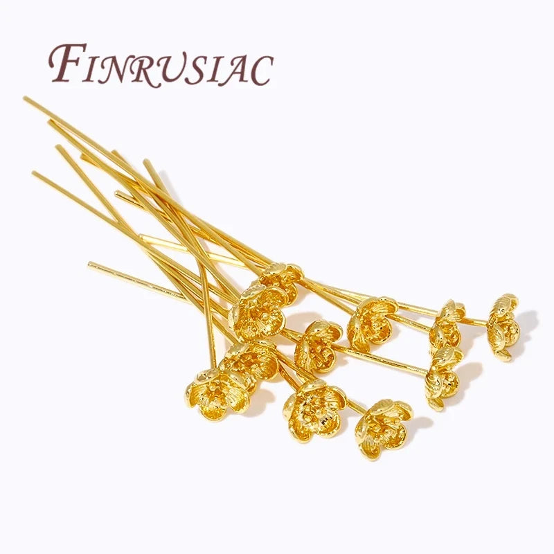 18K Gold Plated Brass Flower Head Pins for DIY Jewelry – 5–10 Pcs