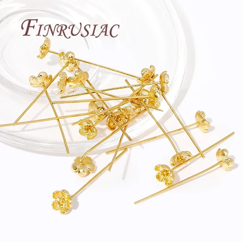 18K Gold Plated Brass Flower Head Pins for DIY Jewelry – 5–10 Pcs