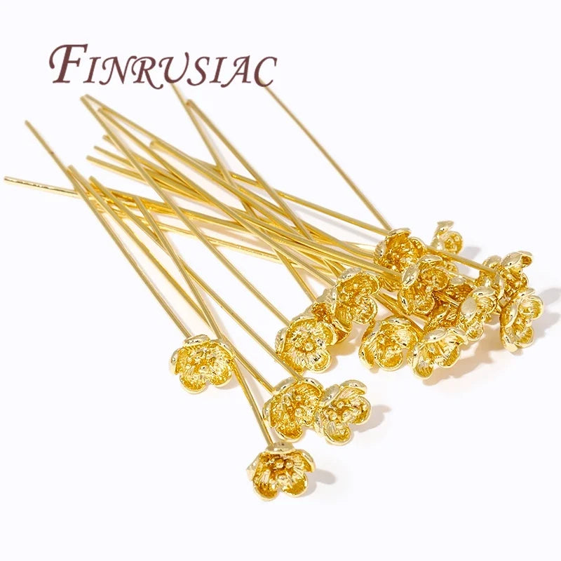 18K Gold Plated Brass Flower Head Pins for DIY Jewelry – 5–10 Pcs