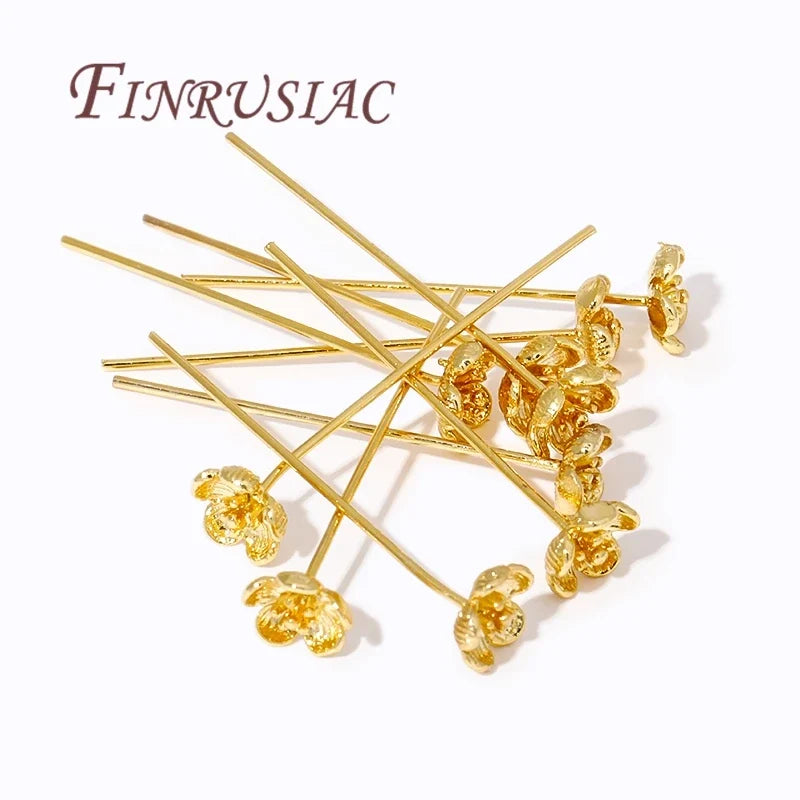 18K Gold Plated Brass Flower Head Pins for DIY Jewelry – 5–10 Pcs