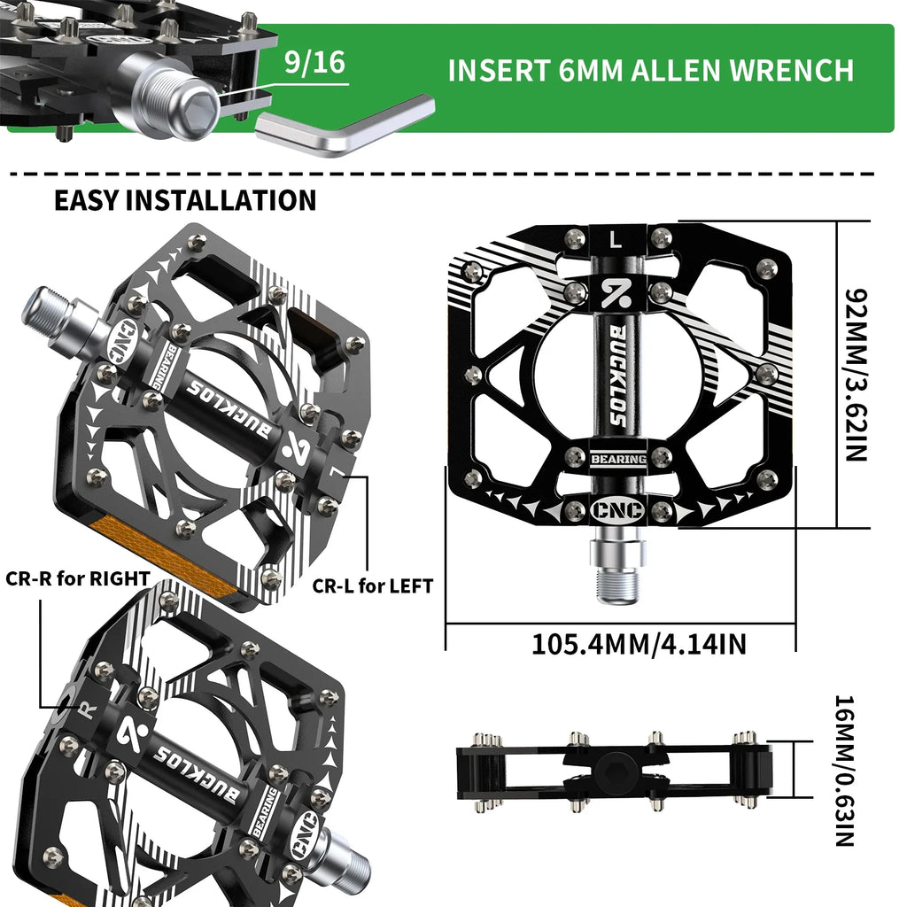 BUCKLOS Ultralight Alloy MTB Flat Pedals – Non-Slip Sealed Bearing