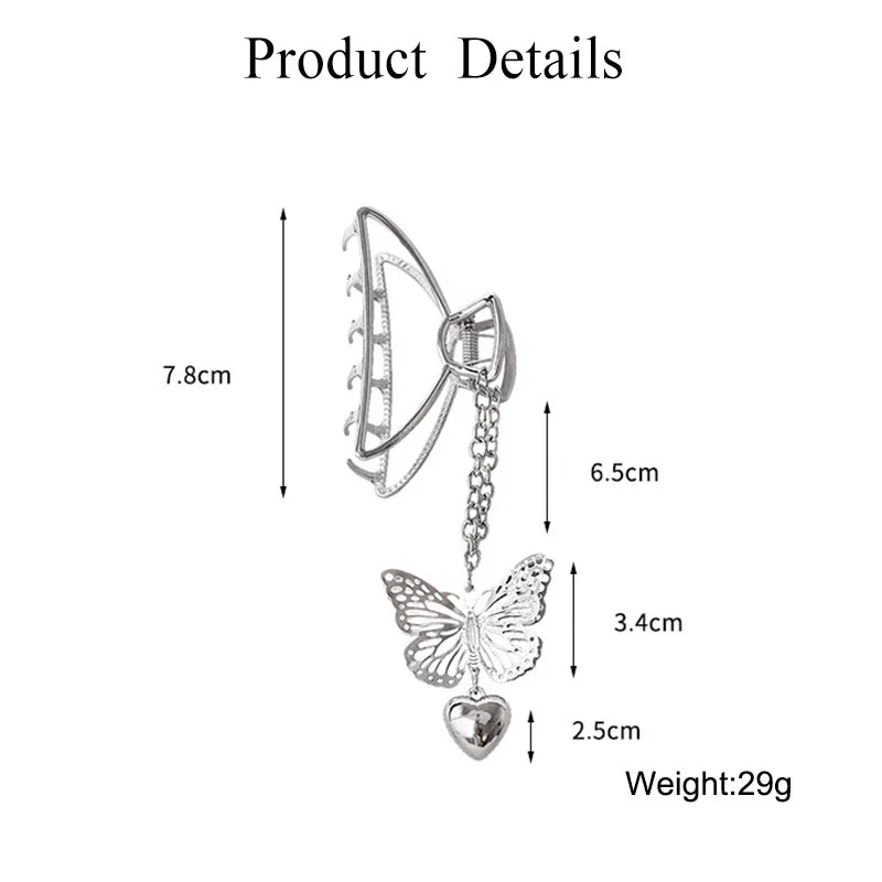 Retro Butterfly Pendant Hair Claw – Geometric Silver Clip