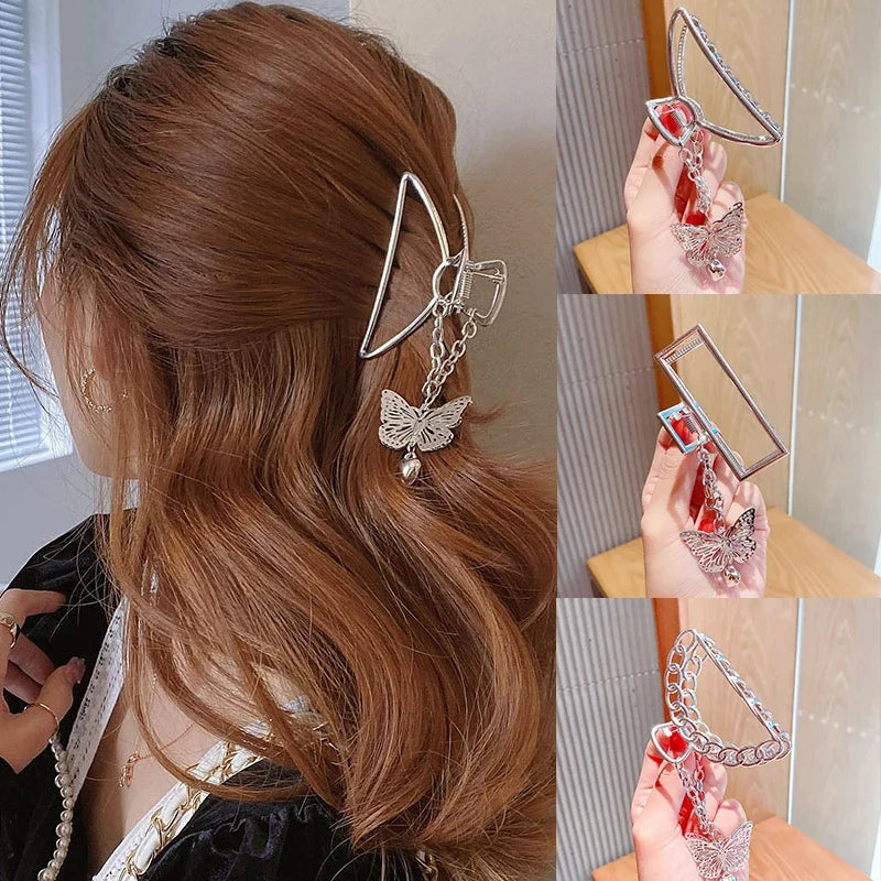 Retro Butterfly Pendant Hair Claw – Geometric Silver Clip