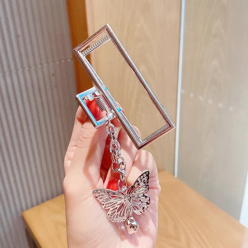 Retro Butterfly Pendant Hair Claw – Geometric Silver Clip