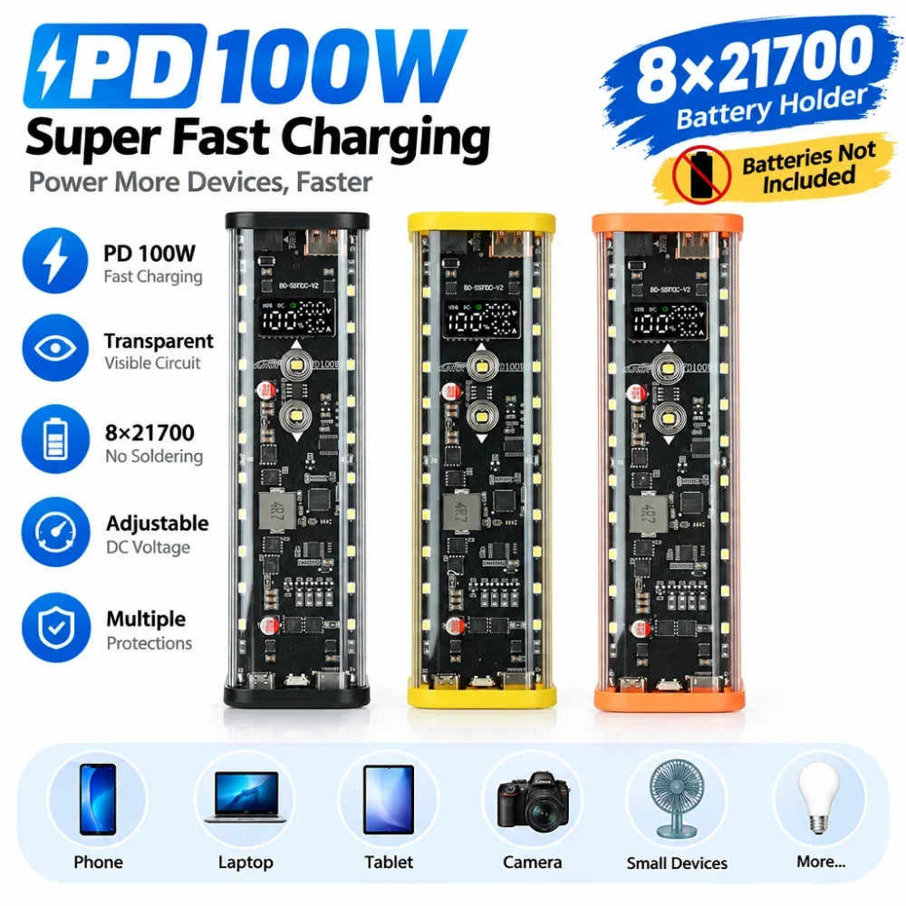 Gaqqee 8×21700 DIY Power Bank Case – PD 100W Fast Charge