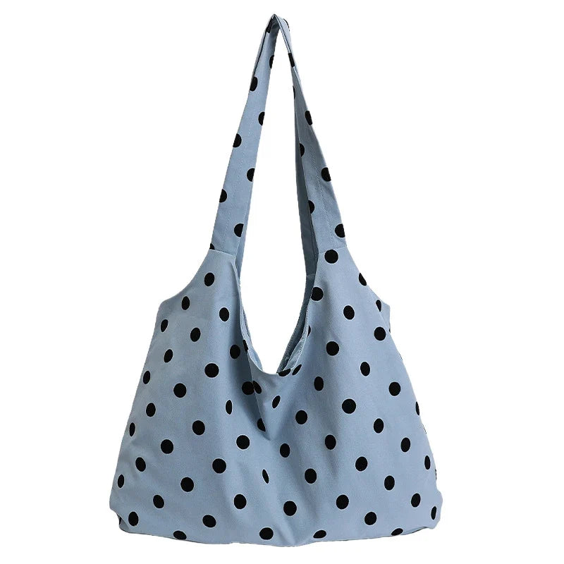 Korean Polka Dot Canvas Tote Bag – Retro Minimalist Shoulder Bag