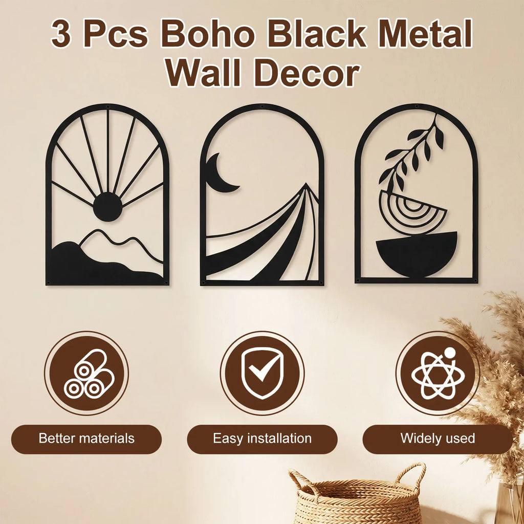 Boho Metal Wall Art 3-Piece Black Minimalist Sculpture Set