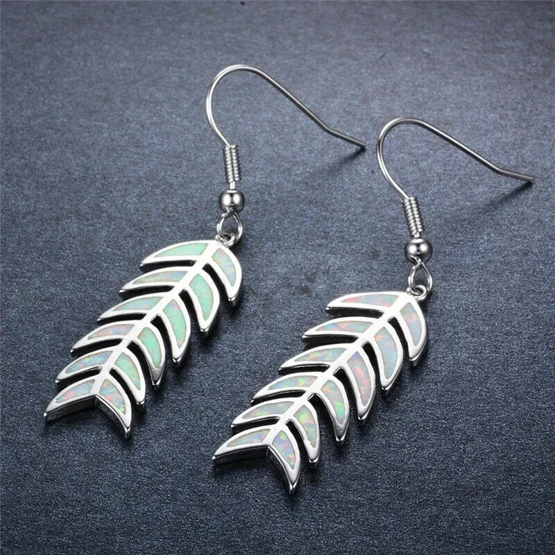 Vintage Simulated Opal Feather Dangle Drop Earrings | Retro