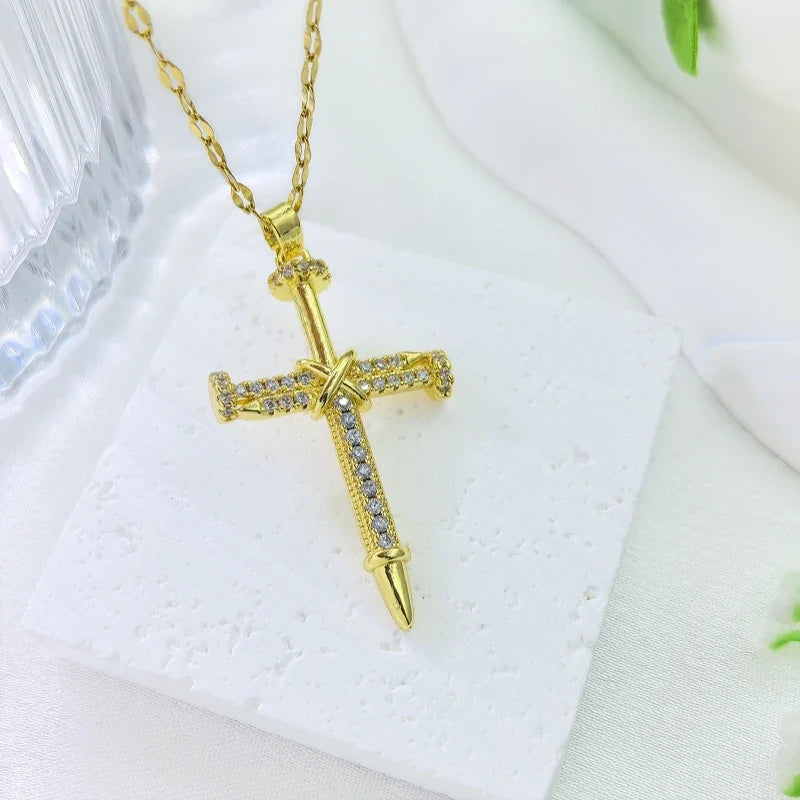 Women's Gold Cross Pendant Necklace – Copper & Stainless Steel