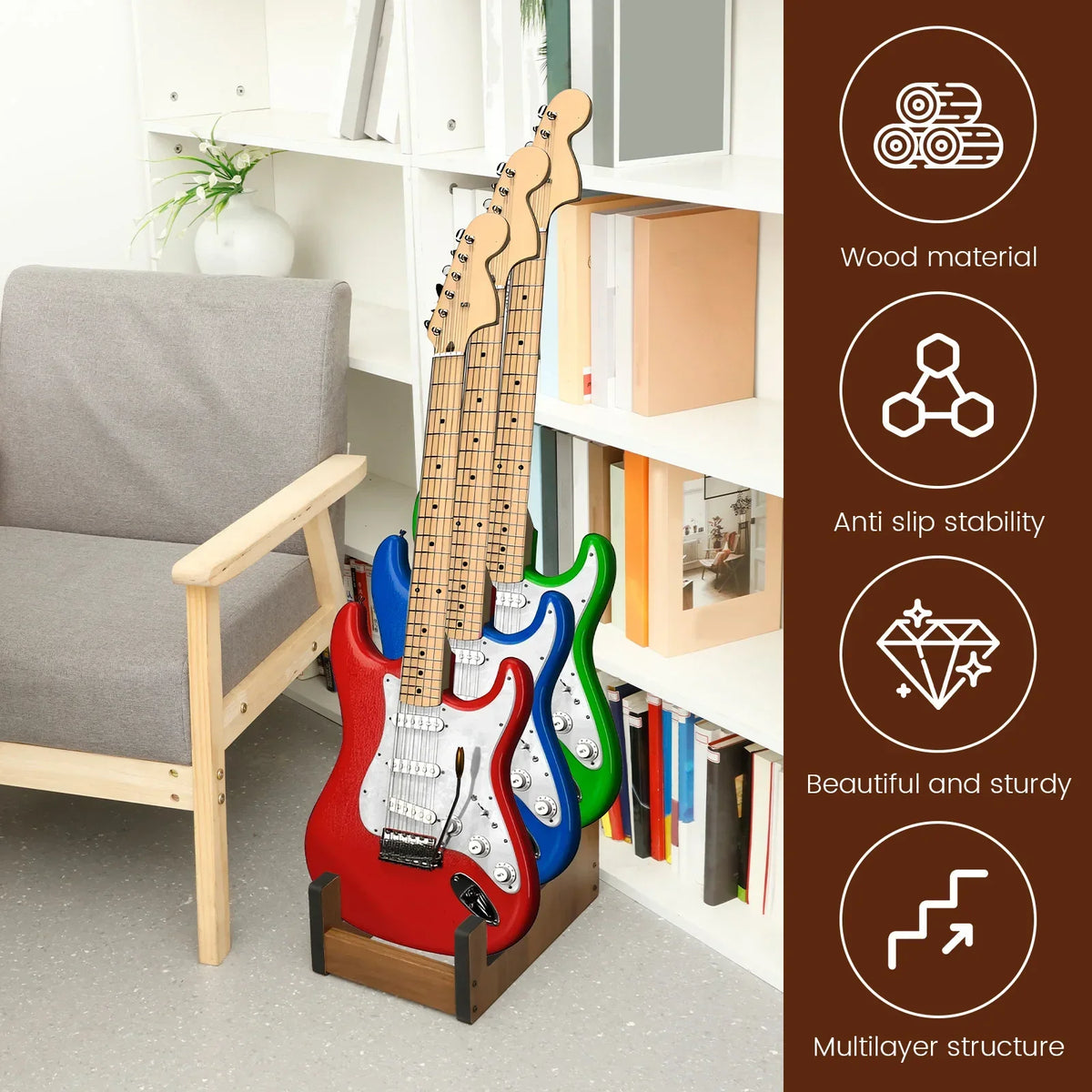 Willstar 3-Guitar Plywood Stand – Non-Slip Electric Bass Rack