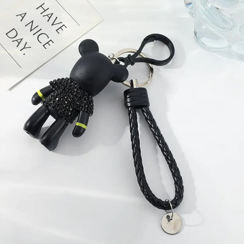 Silver-Plated Diamond Bear Keychain – Unisex Black Bag Charm