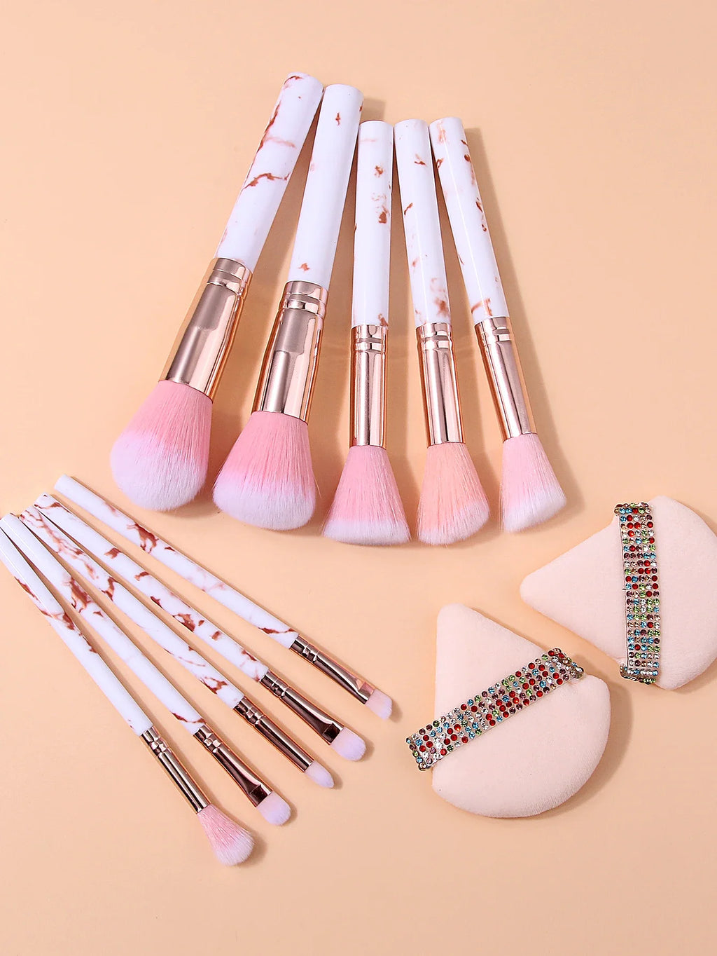 12-Piece Marble Makeup Brush Set with Rhinestone Puffs | Nixie