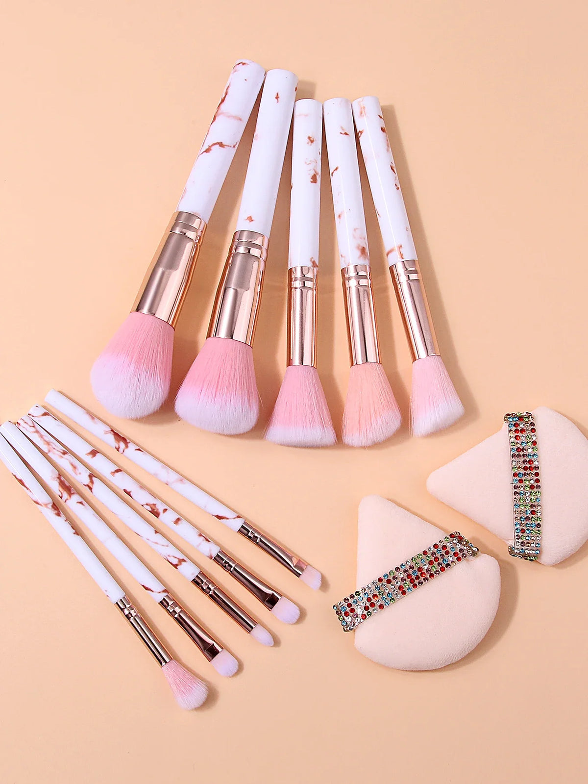 12-Piece Marble Makeup Brush Set with Rhinestone Puffs | Nixie