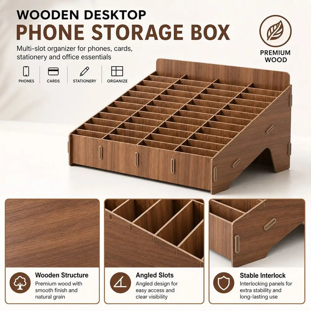 Wooden Multi-Grid Phone & Card Holder Desk Organizer Rack