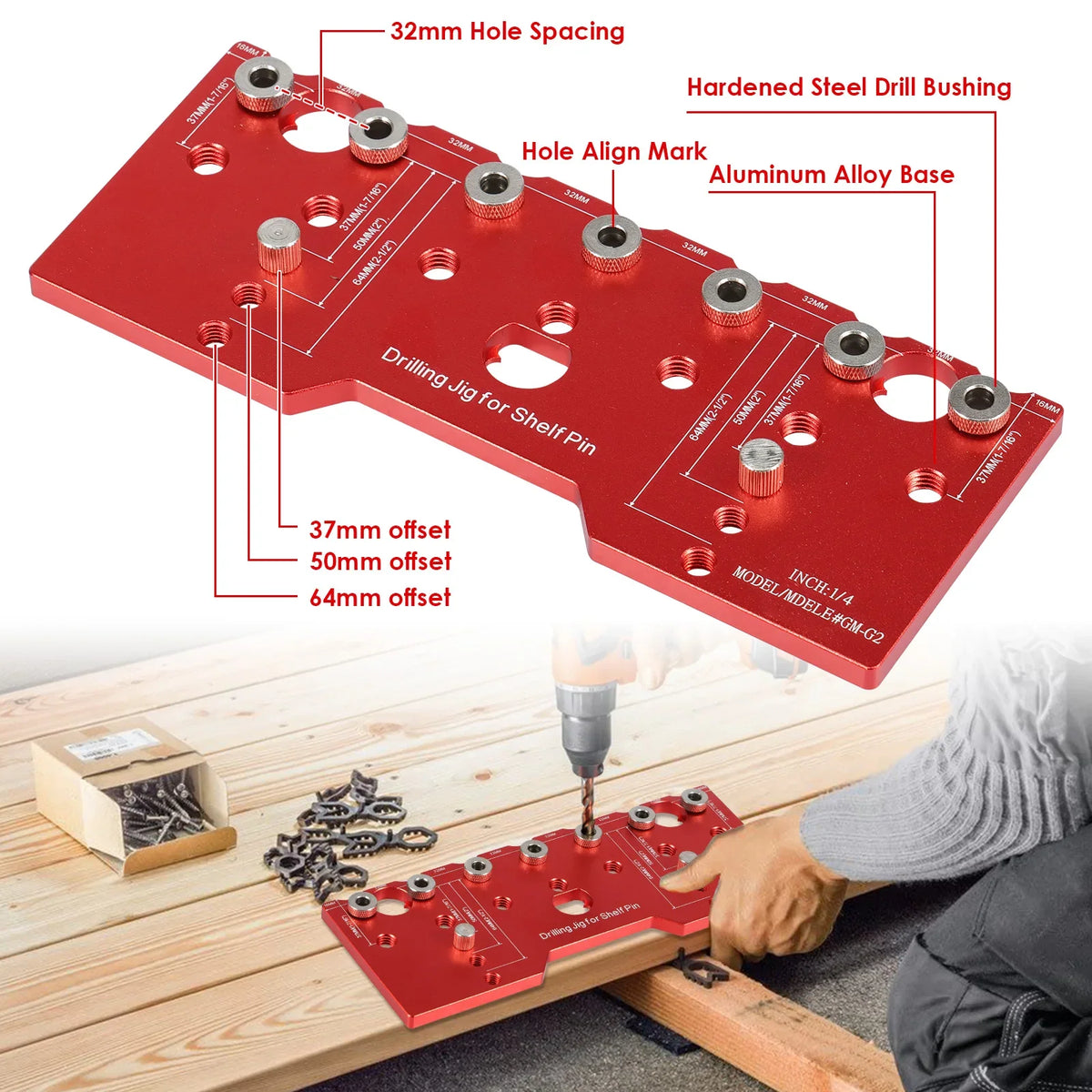 Shelf Pin Jig 1/4" Aluminum Alloy Drilling Guide 32mm Spacing
