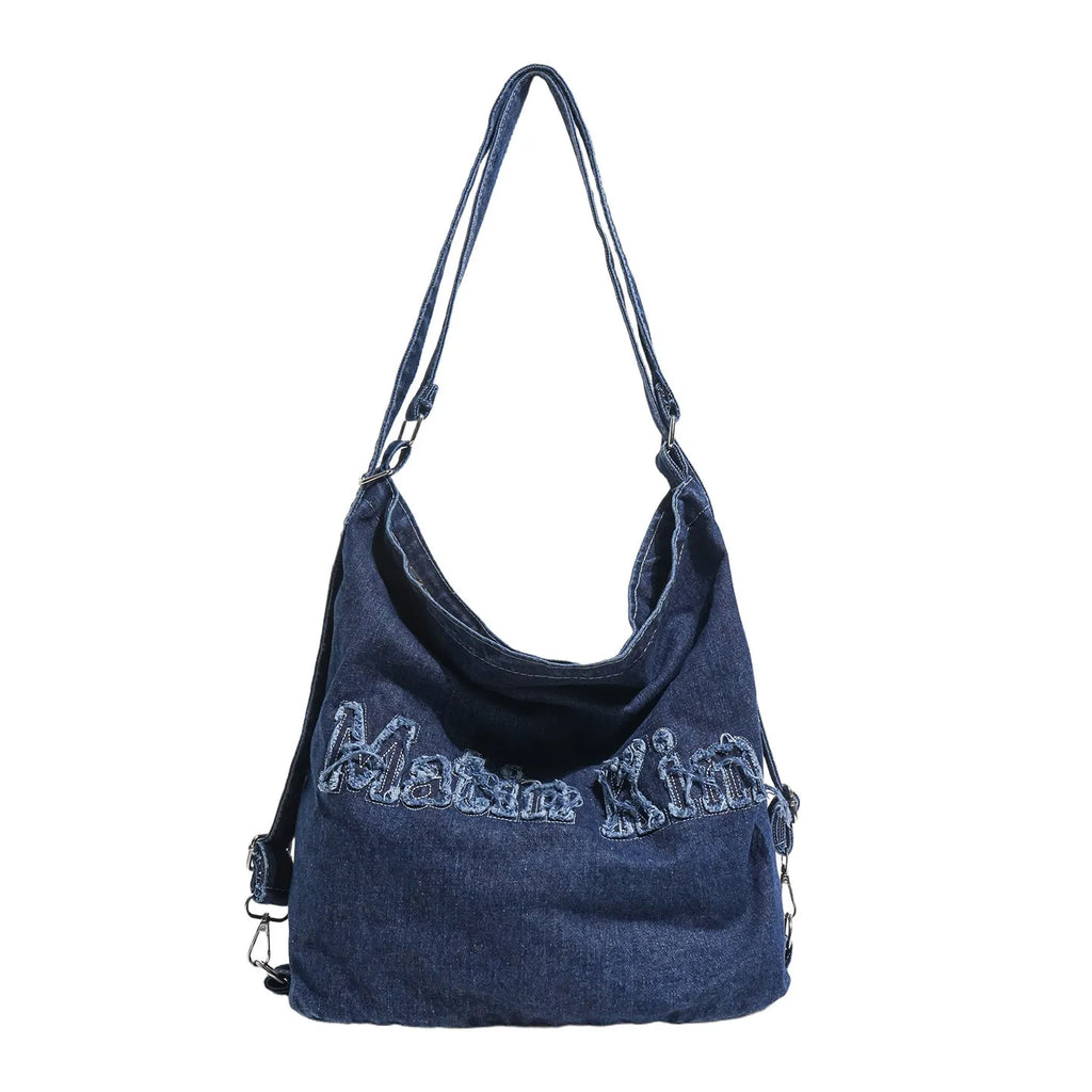 Women's Washed Denim Embroidered Backpack Tote | Nixie Bag