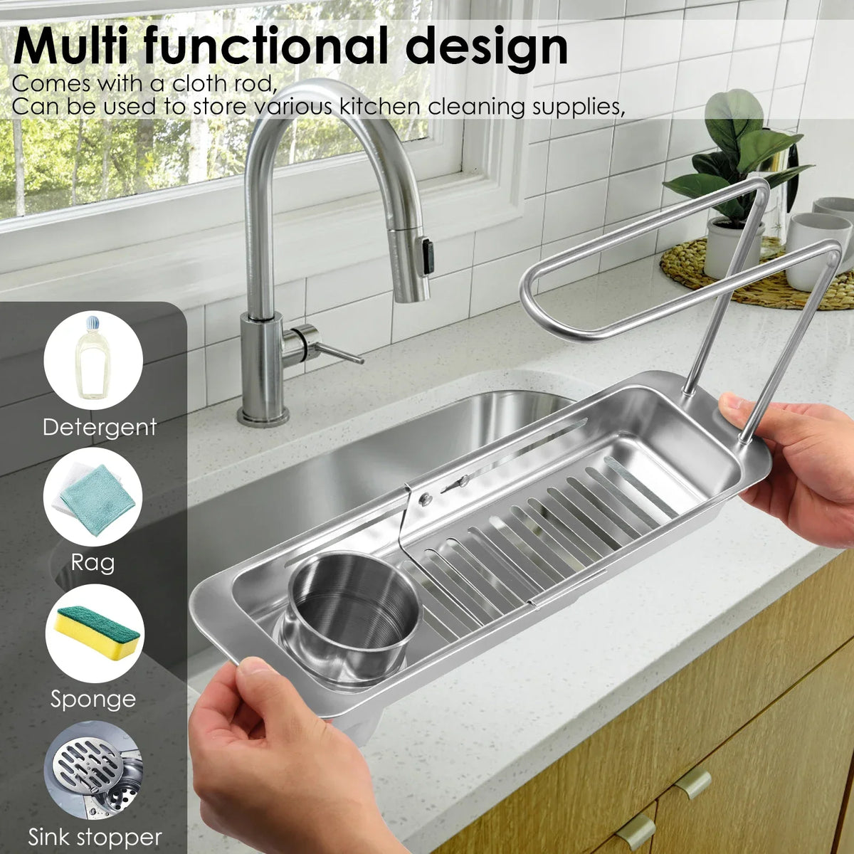 Telescopic Stainless Steel Sink Organizer Rack & Drain Basket