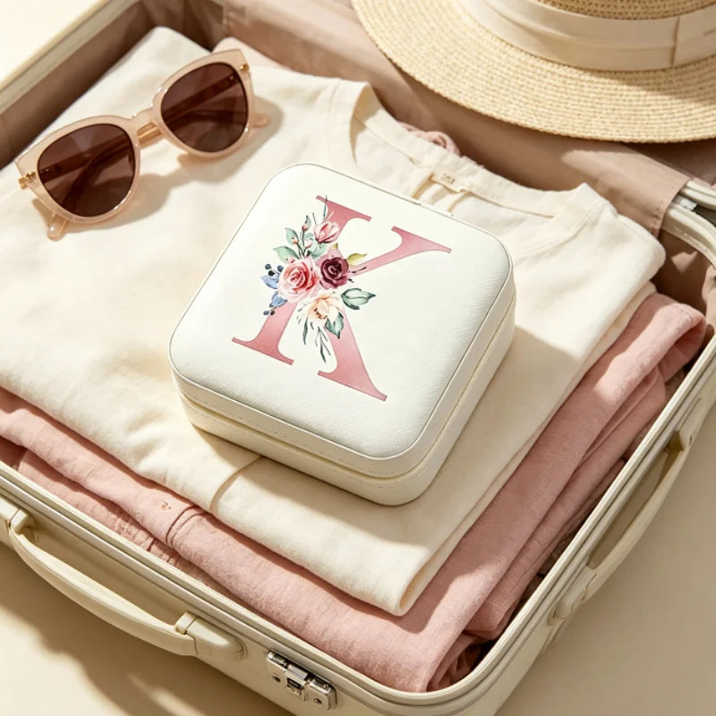 White Floral PU Leather Jewelry Box – A-Z Ring & Earring Organizer