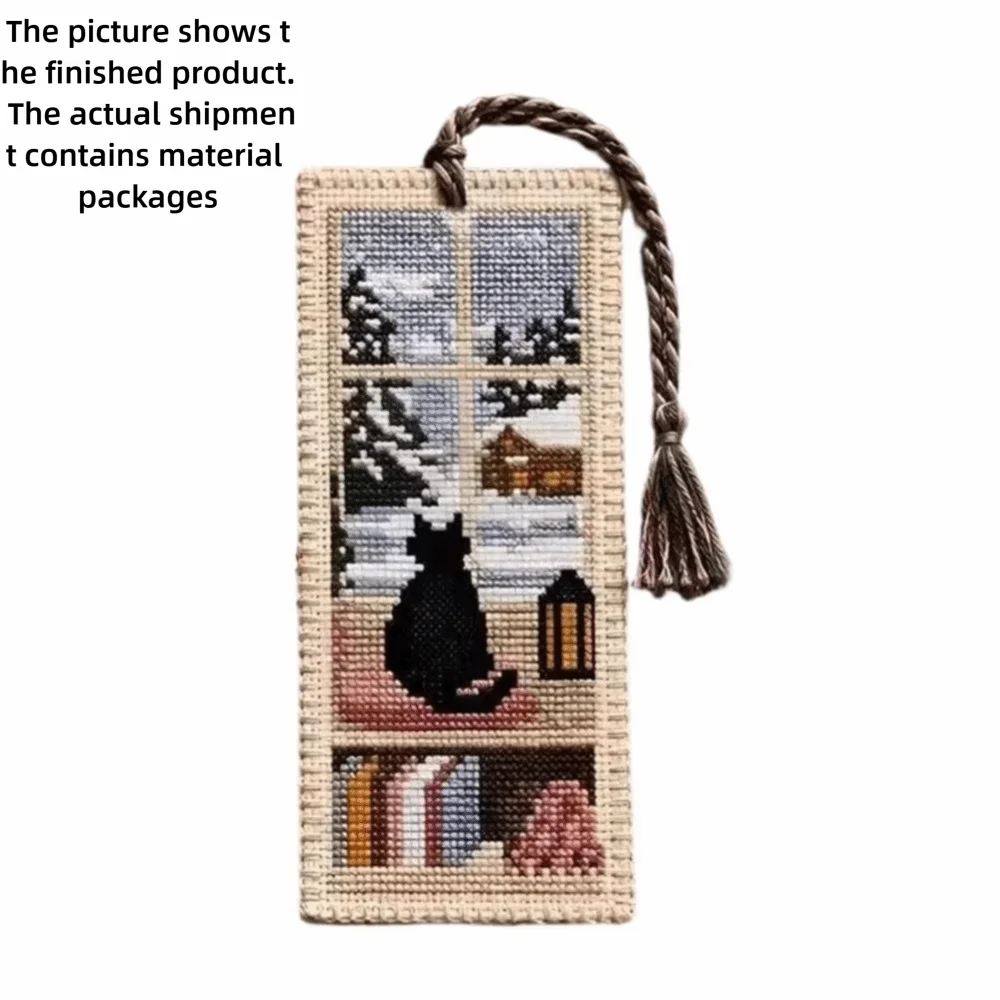 Seasonal Cat Cross Stitch Bookmark DIY Kit with Braided Tassel