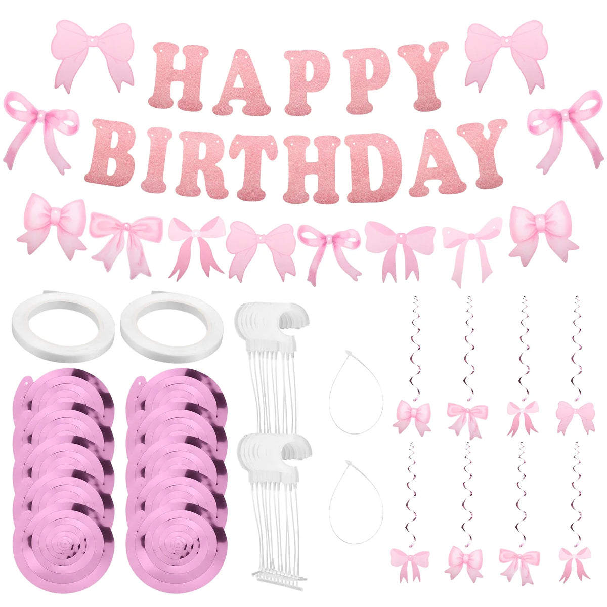 Pink Bow Happy Birthday Banner & Swirl Party Decoration Set