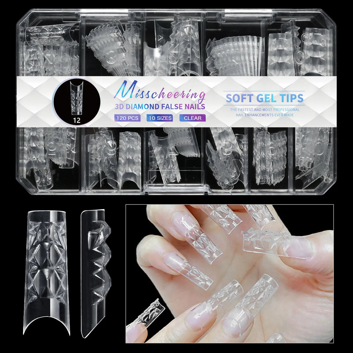 3D Diamond Almond Ballet Press On Nails – Long False Nails Set