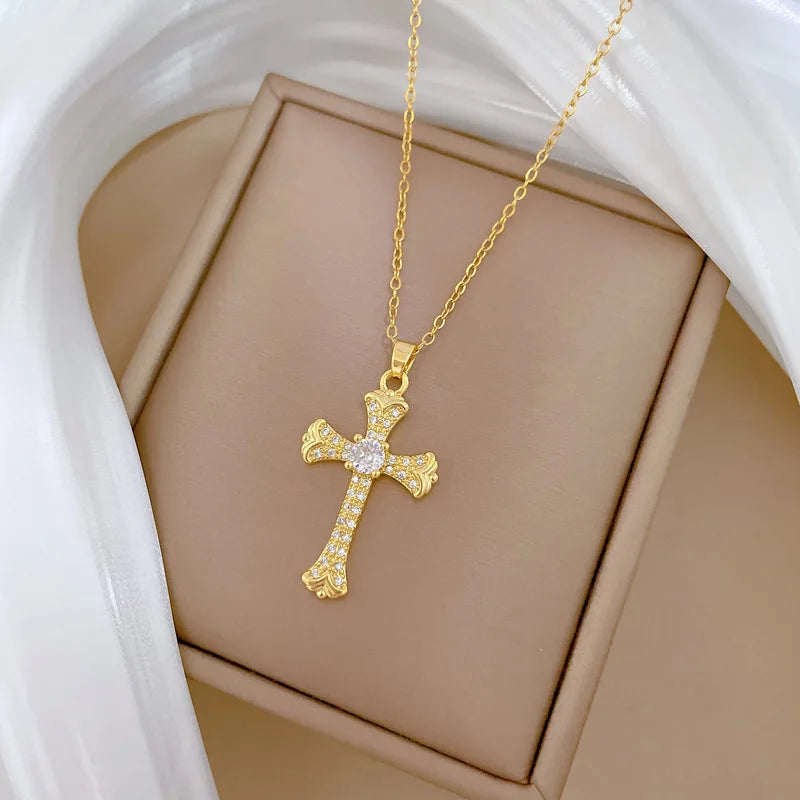 Women's Gold Cross Pendant Necklace – Stainless Steel Choker
