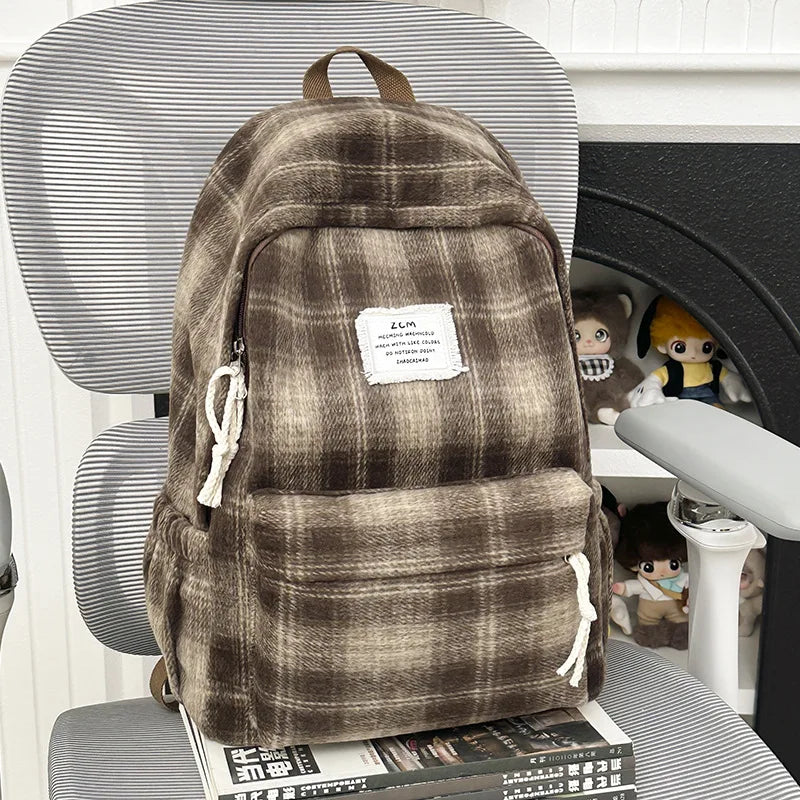 Korean Style Plaid Woolen Backpack – Vintage Large Capacity