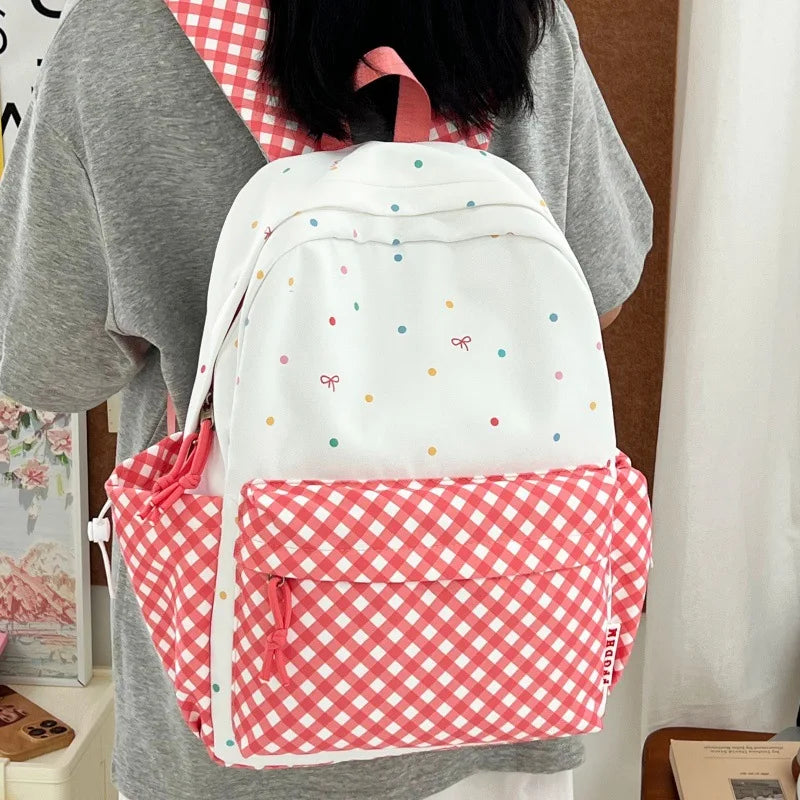 Cute Plaid Polka Dot Backpack – Large Capacity for Girls