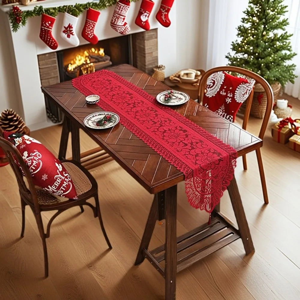 Retro Lace Table Runner with Tassels – Wedding & Dining Décor