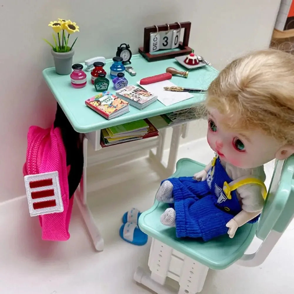 Miniature Dollhouse School Desk Chair & Pencil Box Resin Set