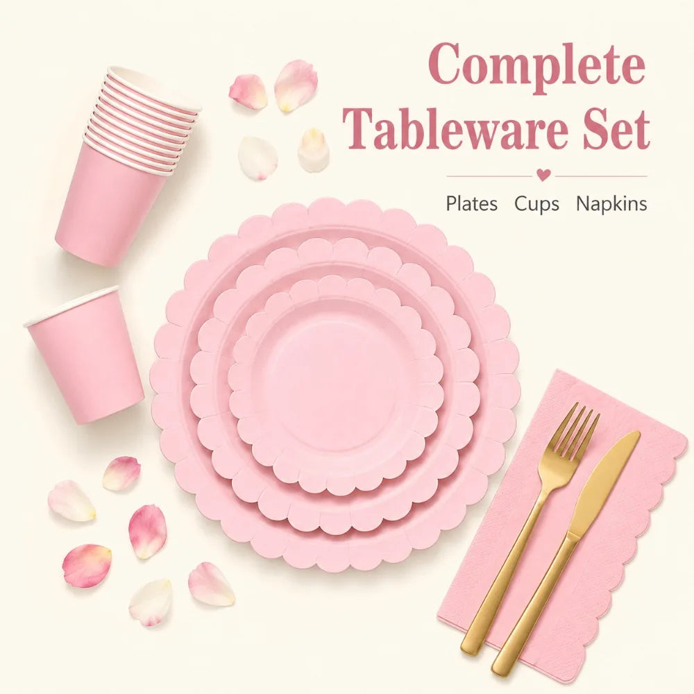 Pink Scalloped Disposable Tableware Set – Plates, Cups & Napkins