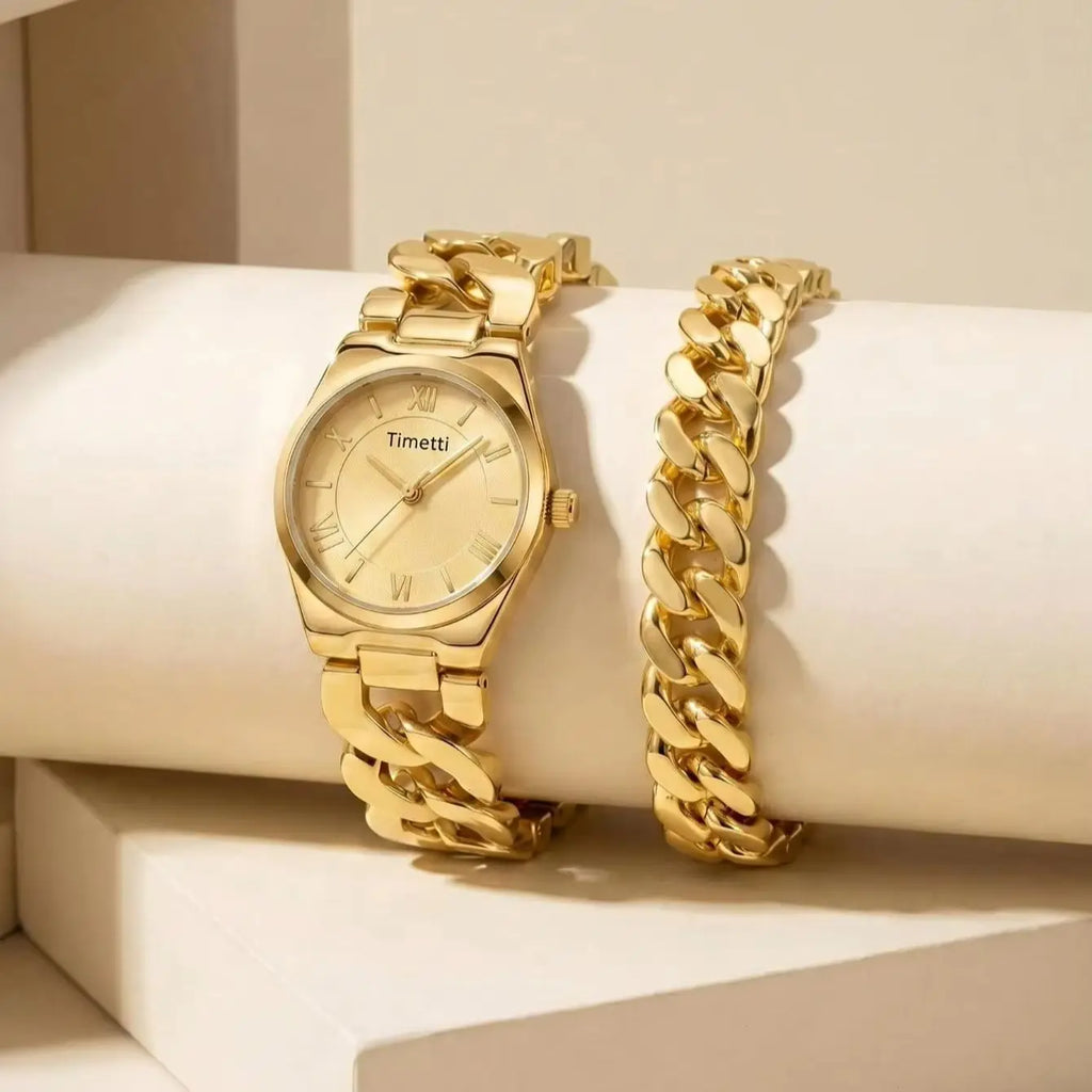 Women's Gold Watch & Bracelet Set | Quartz Roman Numeral