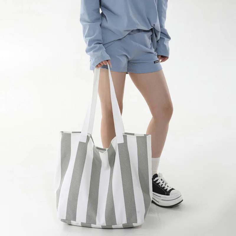 Women's Striped Canvas Tote Bag – Large Shoulder Handbag
