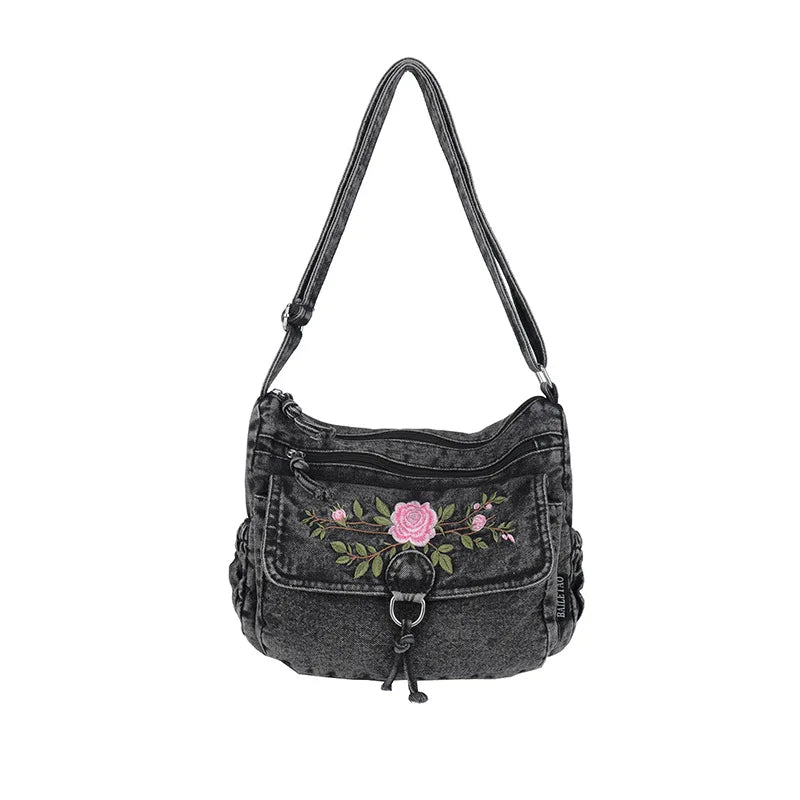 Embroidered Denim Crossbody Bag | Multi-Layer Shoulder Bag