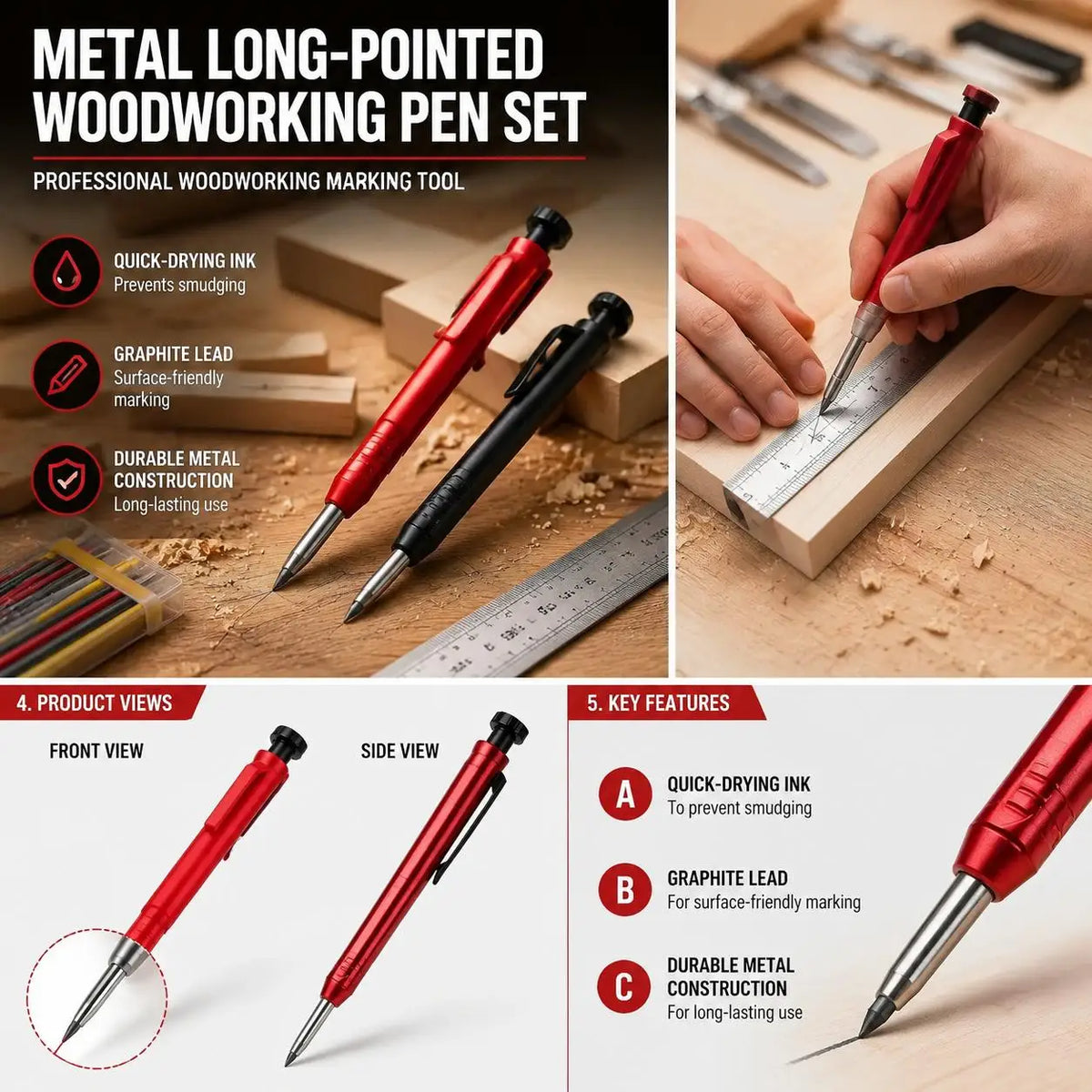 STONEGO Carpenter Pencil Set – 6 Refills & Sharpener