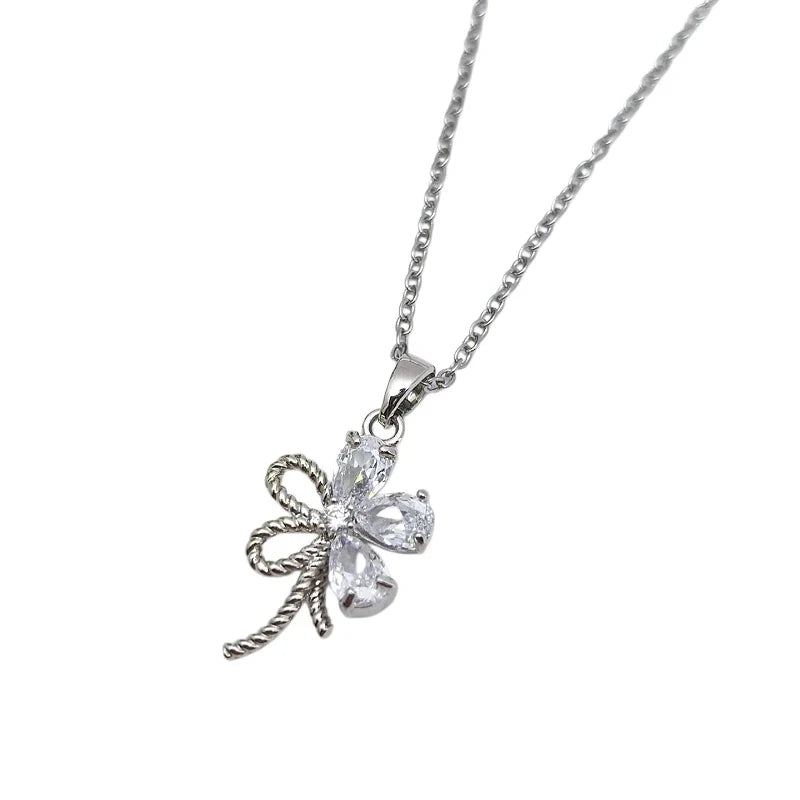 Floral Copper Pendant Necklace | Gold Zircon Collarbone Chain