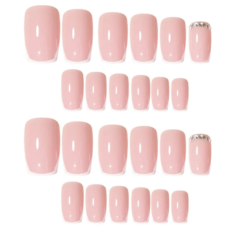Short French Rhinestone False Nails – 24pc Handmade Acrylic Tips