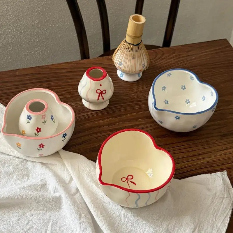 Heart Print Ceramic Matcha Bowl & Whisk Holder Set – 2Pcs