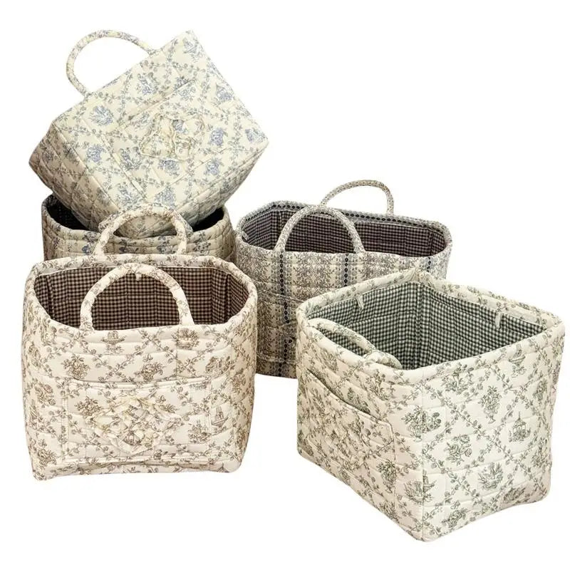 Large Quilted Floral Storage Basket with Handles – Foldable