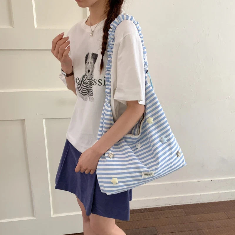 Korean Star Canvas Drawstring Crossbody Shoulder Bag for Women