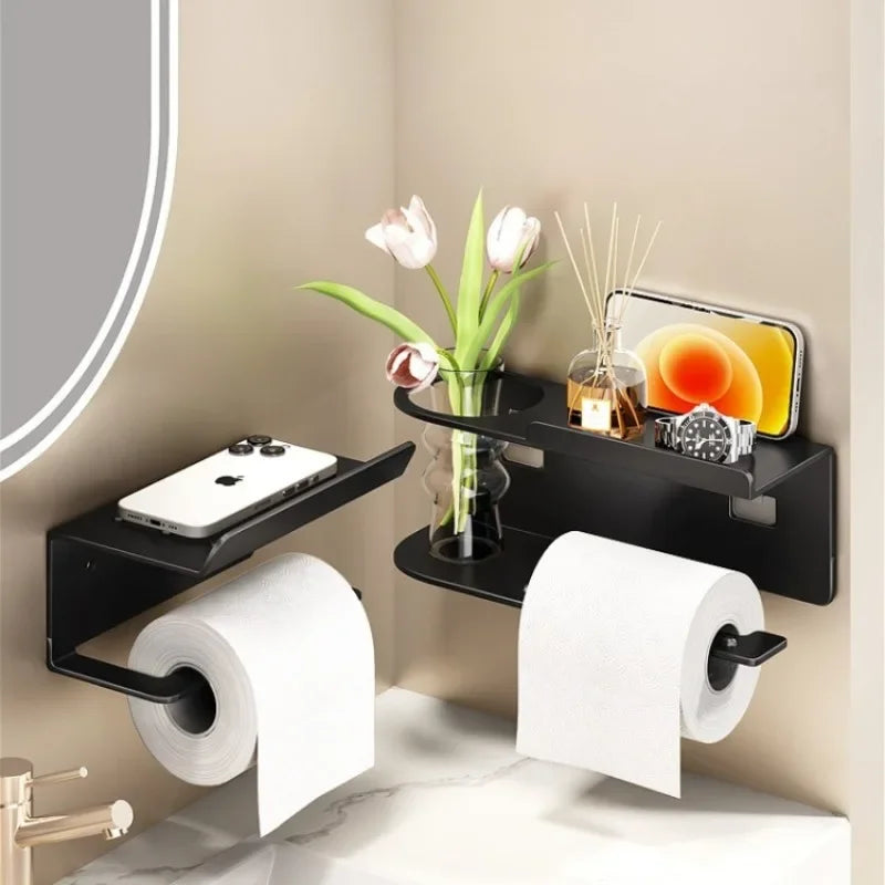 Wall-Mounted Toilet Paper Holder with Storage Shelf | Steel