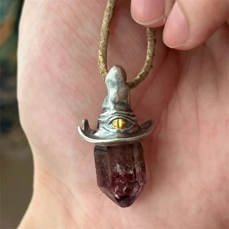 Natural Amethyst Hexagonal Crystal Witch Hat Pendant Necklace