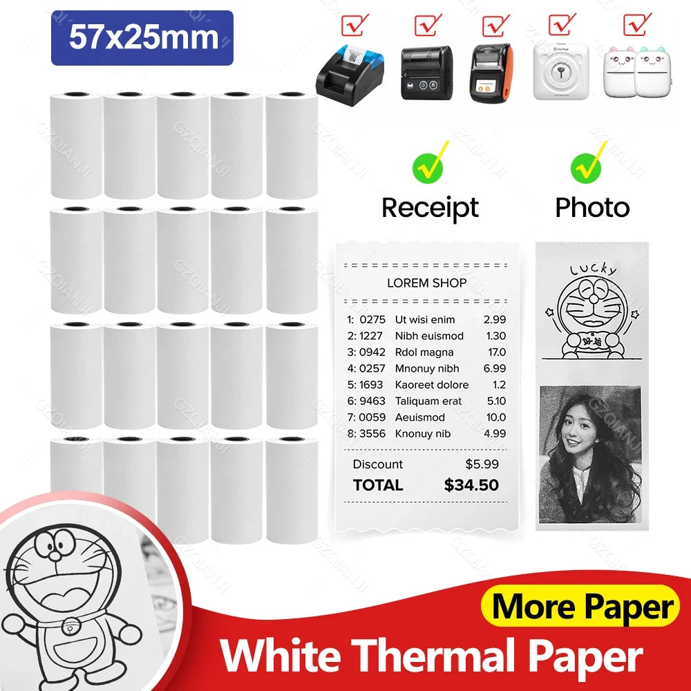 Thermal Paper Rolls 57x25mm for Mini Pocket Printers – 5/10 Pack