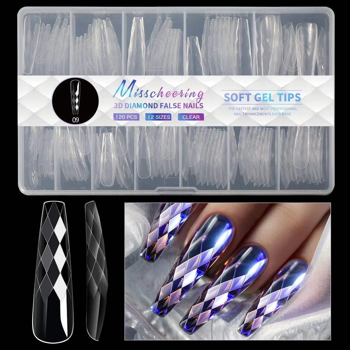 3D Diamond Almond Ballet Press On Nails – Long False Nails Set