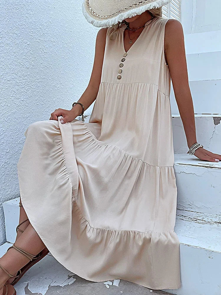 Women's Sleeveless V-Neck Ruffle Midi Sundress | SAILASIDIYA