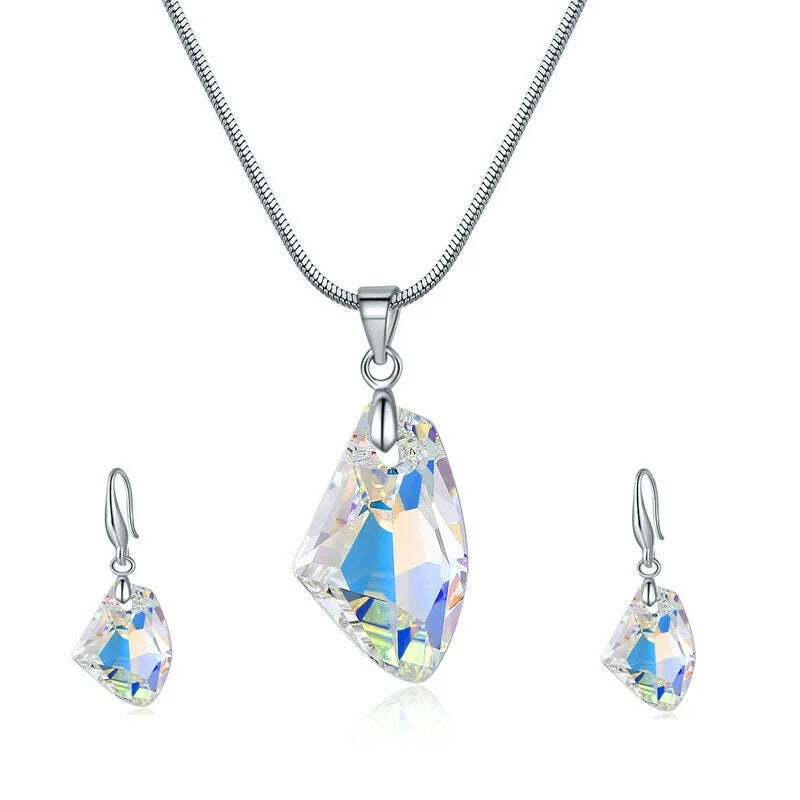 Women's Silver AB Crystal Pendant Necklace & Earrings Set