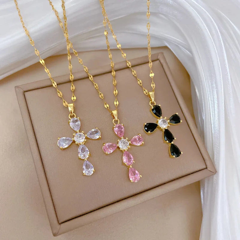 Women's Gold Cross Pendant Necklace – Stainless Steel & Zircon