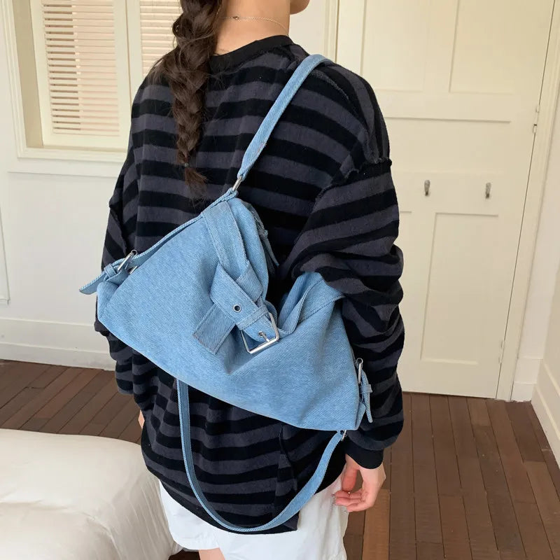 Korean-Style Large Denim Tote Bag – Shoulder & Crossbody