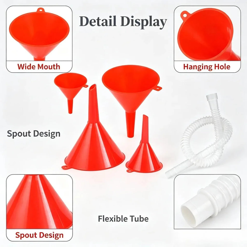 Red Plastic Funnel Set 4 Sizes – Kitchen & Automotive Kit